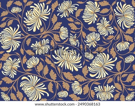 Hand drawn seamless pattern with beautiful chrysanthemums and leaves. Vector illustration, retro style. Can be used for embroidering flowers, wallpaper, etc.