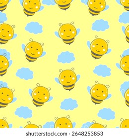 Hand drawn seamless pattern with bee animal. Perfect for kids fabric, textile, nursery wallpaper. Cute animals design. Vector illustration.