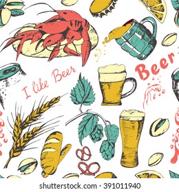 Hand drawn seamless pattern with beer and snacks. Vector sketch illustration, doodle background.