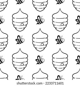 hand drawn seamless pattern of bees and honeycomb on white background