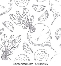 Hand drawn seamless pattern with beetroot. Monochrome background in sketch. Vector illustration