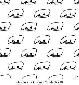 Hand Drawn seamless pattern beret doodle. Sketch style icon. Military decoration element. Isolated on white background. Flat design. Vector illustration.