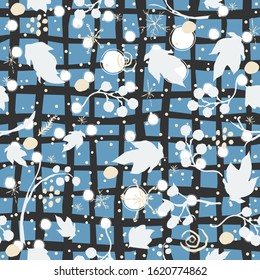 Hand Drawn Seamless Pattern with berries, leaves, twigs and branches on blue. Vector Illustration
