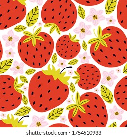 Hand drawn seamless pattern with berries and strawberry flowers with leaves on a white background. Summer background sweet berries. Creative scandinavian kids texture for fabric, wrapping, textile