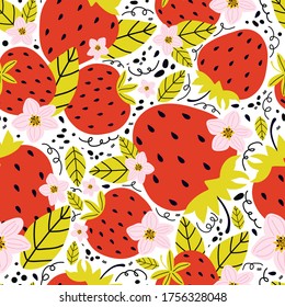 Hand drawn seamless pattern with berries and strawberry flowers with leaves on a white background. Summer background sweet berries. Creative scandinavian kids texture for fabric, wrapping, textile