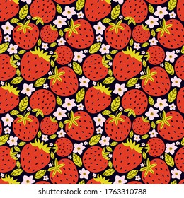 Hand drawn seamless pattern with berries and strawberry flowers with leaves on a black background. Summer background fresh sweet berries. Vector illustration for ads, menu and web banner designs