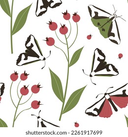 Hand drawn seamless pattern with berries and butterflys on a white background. Vector Illustration.