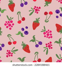 Hand drawn seamless pattern with berries. Doodle style strawberry, raspberry, blueberry, buckhorn, cherry. Cute and modern vector background