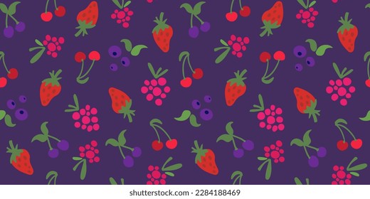 Hand drawn seamless pattern with berries. Doodle style strawberry, raspberry, blueberry, buckhorn, cherry. Cute and modern vector background