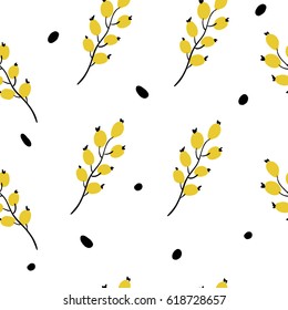 Hand drawn seamless pattern with berries. Doodle branches and black dots on white background in vector. Summer decorative texture for textile design, background, wrapping paper. Floral simple design