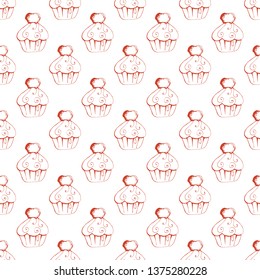 Hand drawn seamless pattern with berry cake. Can be used as texture for fabric,as background for gift cards, in web design, as pattern for wallpaper and etc