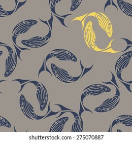 Hand drawn seamless pattern with big fish. Vector line art.