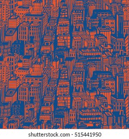 Hand drawn seamless pattern with big city New York. Vector vintage illustration with NYC architecture, skyscrapers, megapolis, buildings, downtown.