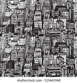 Hand drawn seamless pattern with big city New York. Vector vintage illustration with NYC architecture, skyscrapers, megapolis, buildings, downtown.