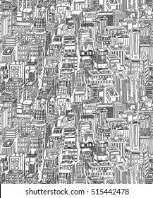 Hand drawn seamless pattern with big city New York. Vector vintage illustration with NYC architecture, skyscrapers, megapolis, buildings, downtown.