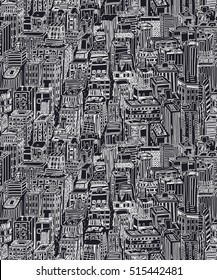 Hand drawn seamless pattern with big city New York. Vector vintage illustration with NYC architecture, skyscrapers, megapolis, buildings, downtown.