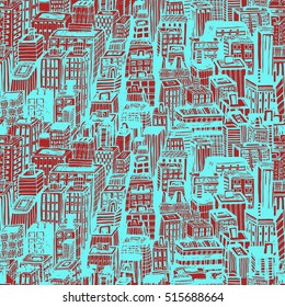 Hand drawn seamless pattern with big city New York. Vector vintage illustration with NYC architecture, skyscrapers, megapolis, buildings, downtown.