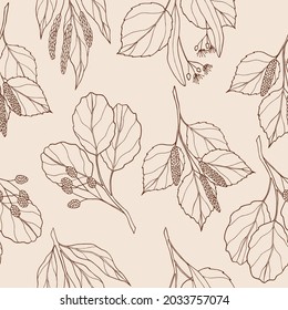 Hand drawn seamless pattern with birch, alder, willow, linden