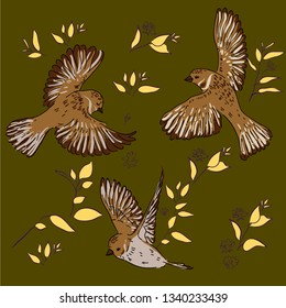 hand drawn seamless pattern, birds and flower, leaf, branch, isolated on background. Cute little flying sparrow bird pattern.