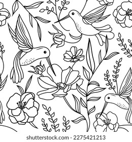 Handgezeichnet nahtloses Muster mit Vögeln und Blumen. Humingvögel und Blumen, Retrostil, antiker Hintergrund. Vintage-Monochrom-Blumendesign für Web, Wickelpapier, Deckel, Textilien, Gewebe, Tapeten