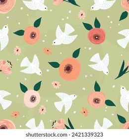 Hand drawn seamless pattern with birds and flowers.Grunge background with cute animals and floral composition.Spring summer print on fabric and paper.Colrful abstract templates.Vector illustration.