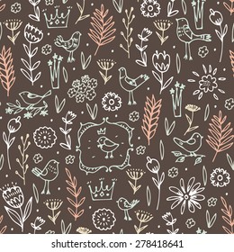Hand drawn seamless pattern with birds, flowers and leaves. Vector illustration.
