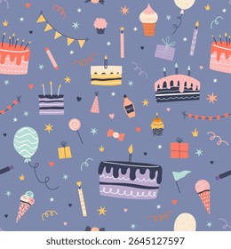 Hand drawn seamless pattern with birthday cakes, candles, cupcakes, balloons, gifts, and festive sweets. Playful and whimsical design perfect for party-themed prints, wrapping paper