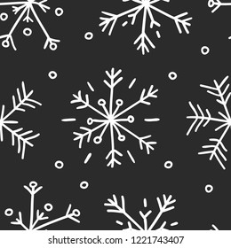 Hand drawn seamless pattern. Black and white  background. Abstract  doodle drawing snowflake. Vector art illustration snow