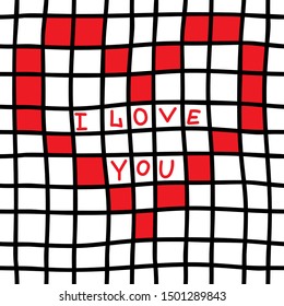 Hand drawn Seamless pattern with black grid, red heart and I love you text. Trendy checkered seamless pattern