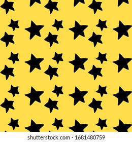 Patrón de estrellas negras dibujado a mano sobre fondo amarillo. Ilustración vectorial.