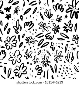 Hand drawn seamless pattern with black ink flowers. Grunge dry paint rough brush strokes. Monochrome floral backdrop