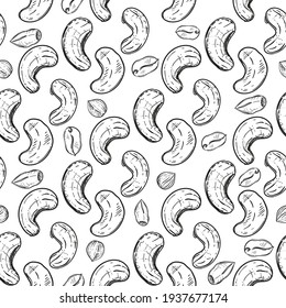 Hand drawn seamless pattern black and white of nuts, peanuts, almonds, pecans, cashews, hazelnuts. Vector illustration. Elements in graphic style label, sticker, menu, package