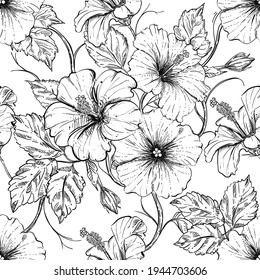 Hand drawn seamless pattern black and white of blossom hibiscus flower, plant, leaf. Vector illustration. Elements in graphic style label, sticker, menu, package.