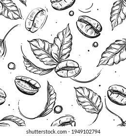 Hand drawn seamless pattern black and white of coffee beans, plant, leaf. Vector illustration. Elements in graphic style label, sticker, menu, package.