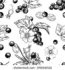 Hand drawn seamless pattern black and white of blossom dogrose flower, currant, plant, leaf. Vector illustration. Elements in graphic style label, sticker, menu, package.