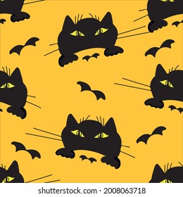 Patrón sin costuras dibujado a mano con gato negro sobre fondo amarillo. Estilo Doodle. Adecuado para envolver papel, textiles, cubiertas para portátiles y portátiles, climas, bolsas, raspado y papel pintado.