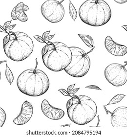 Hand drawn seamless pattern black and white of mandarin, tangerine, leaf. Vector illustration. Elements in graphic style label, sticker, menu, package