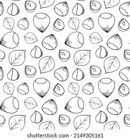 Hand drawn seamless pattern black and white of nuts, peanuts, almonds, pecans, cashews, hazelnuts. Vector illustration. Elements in graphic style label, sticker, menu, package