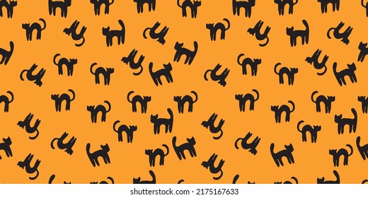 Hand drawn seamless pattern with black cats on yellow background. Doodle style. Suitable for wrapping paper, textiles, notebook and  covers, clithes, bags, scrapbooking and wallpaper.