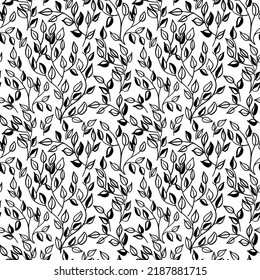 Hand drawn seamless pattern with black  leaves in trendy style. Doodle seamless pattern on white background. Abstract floral illustration. Botanical garden design. 