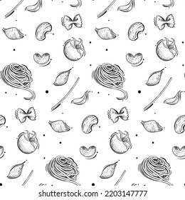 Hand drawn seamless pattern black and white of pasta, spaghetti. Vector illustration. Elements in graphic style label, sticker, menu, package