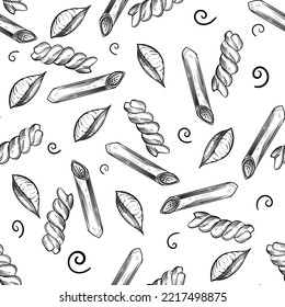 Hand drawn seamless pattern black and white of pasta, spaghetti. Vector illustration. Elements in graphic style label, sticker, menu, package