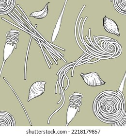 Hand drawn seamless pattern black and white of pasta, spaghetti. Vector illustration. Elements in graphic style label, sticker, menu, package