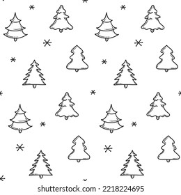 Hand drawn seamless pattern of black outline christmas trees, snowflakes and decorations on white background. Doodle cartoon style. Happy New Year.