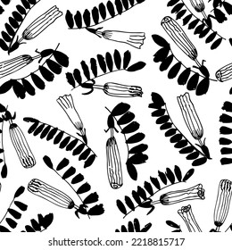 Hand drawn seamless pattern with black  datura flowers and leaf . Seamless texture for fashion prints, wrapping, textile, paper, wallpaper. Vector graphic illustration.