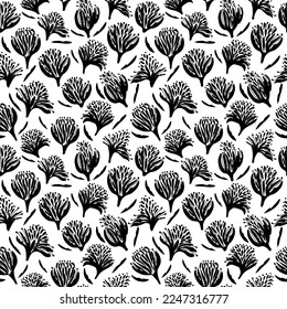 Hand drawn seamless pattern with black stylized exotic flowers. Vector abstract floral motif. Decorative ornament in naive design style. Hand drawn wild plants. Decorative floral ornament.