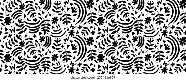 Hand drawn seamless pattern with black flowers and leaf plus geometric elements . Seamless texture for fashion prints, wrapping, textile, paper, wallpaper. Vector graphic illustration.
