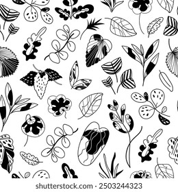 Hand drawn seamless pattern of black line different leaves isolated on white background. Simple and stylish outline Monochrome floral plant parts vector print for fabric, wallpaper, wrapping paper