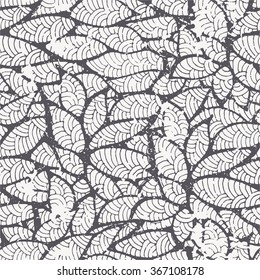 Hand drawn seamless pattern with black and white abstract ornament with  irregular structure. Stylized leaves. Easy to edit and change colors