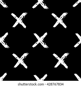 Hand drawn seamless pattern. Black and white, grunge textured  monochrome vector illustration. Brush made abstract background. Hipster monochrome texture with crosses or pluses. Trendy graphic design.